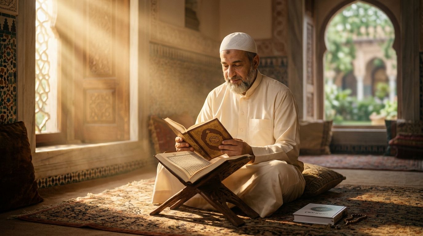 Un homme assis sur un tapis lit le Coran posé sur un porte-livre, dans la lumière du matin