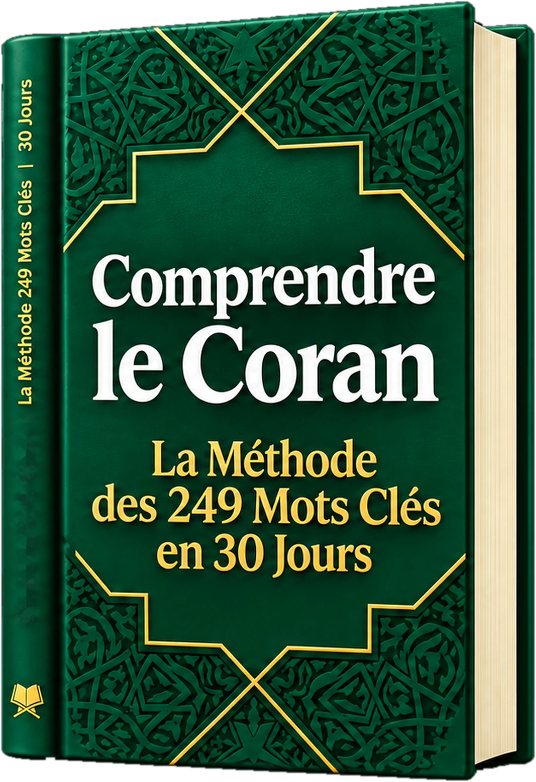 Le livre Comprendre le Coran, couverture verte et dorée, posé de trois quarts
