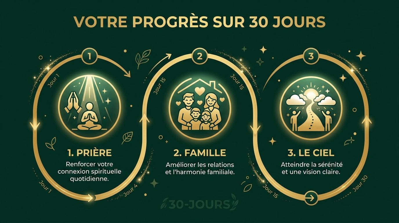 Infographie de la progression sur 30 jours, en trois étapes reliées par un ruban doré